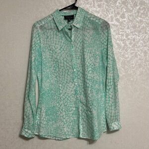 Foxcroft Wrinkle Free Fitted Shirt Aqua Green White Pattern Button Up Roll Tab 6